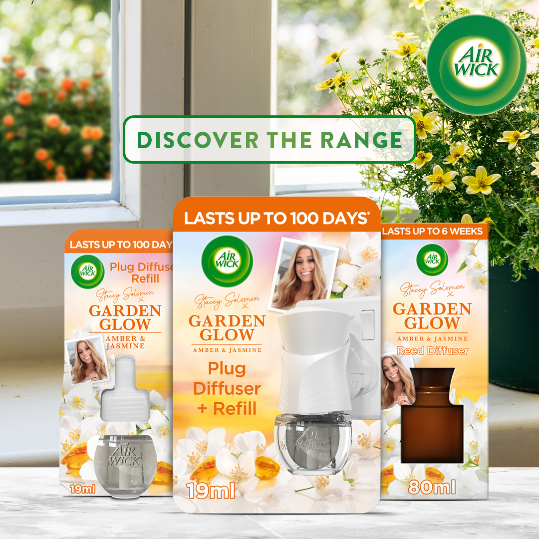 Air Wick Stacey Solomon Welcome Home Fragrance Collection: Discover Garden Glow, Amber and Jasmine Liquid Electrical and Reed Diffuser